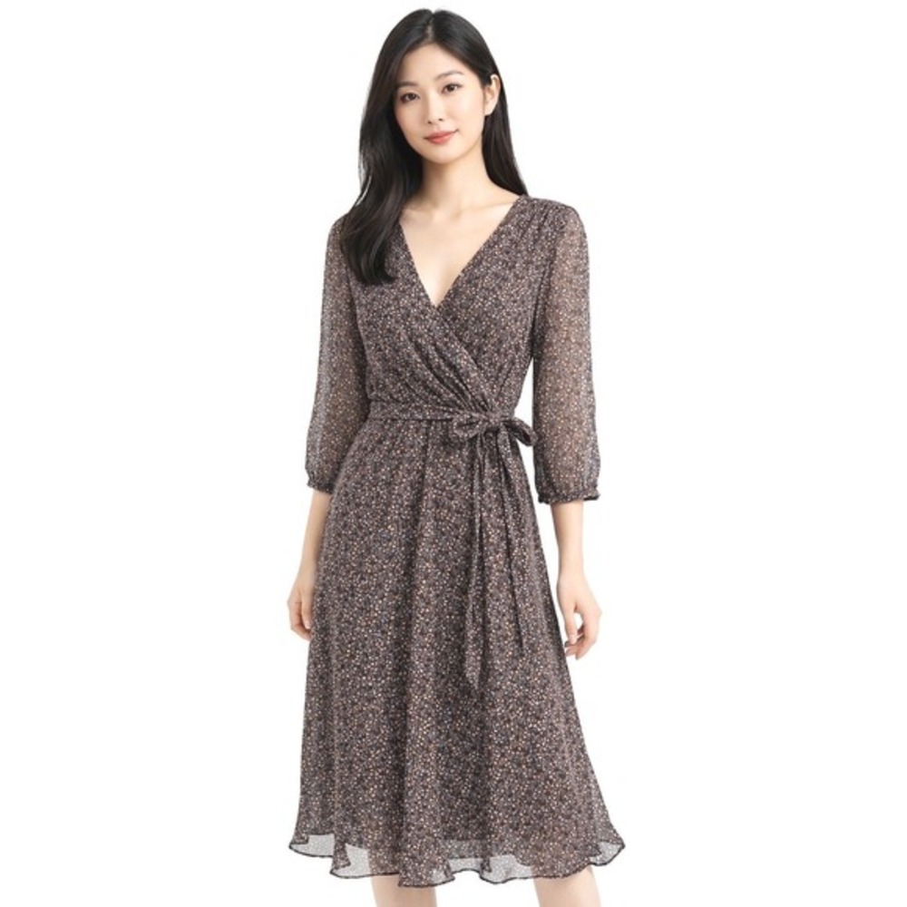 Banana Republic Brown Floral Silk Wrap Midi Dress 10 Preppy Fairycore Chic 64-50